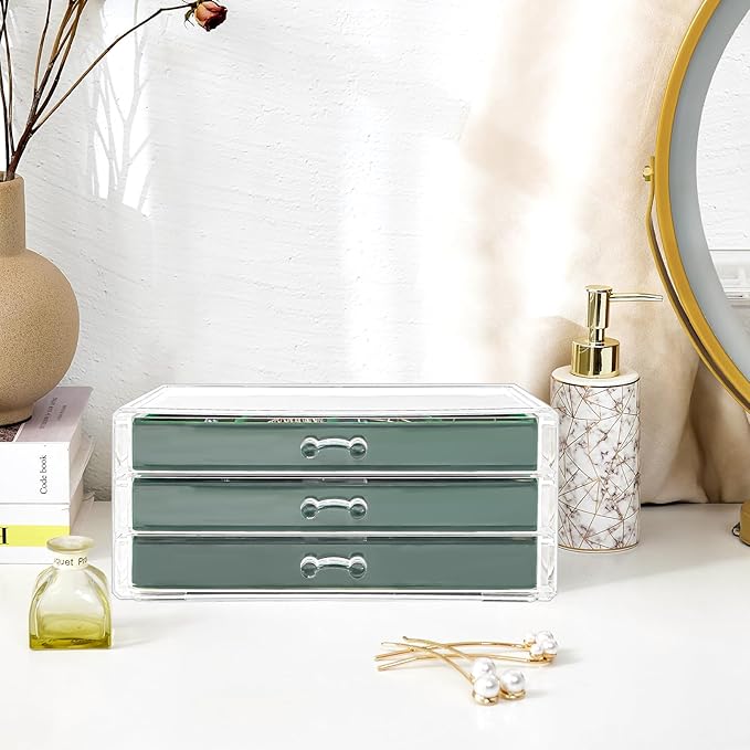 ProCase Earring Holder Organizer Jewelry Box with 3 Drawers, Acrylic Clear Earring Case with Adjustable Velvet Trays for Wome