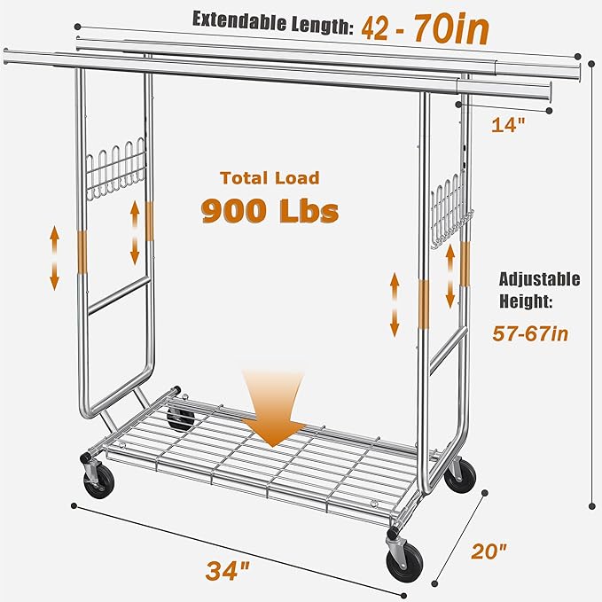 Gewudraw Heavy Duty Clothes Rack Load 900 Lbs, Double Rod Rolling Clothing Rack With Sturdy Wheel And Shelves，Adjustable Port