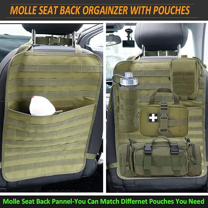 Molle Tactical Seat Back Organizer Panel with Pouches, Universal Fit For Vehicle Car, Khaki