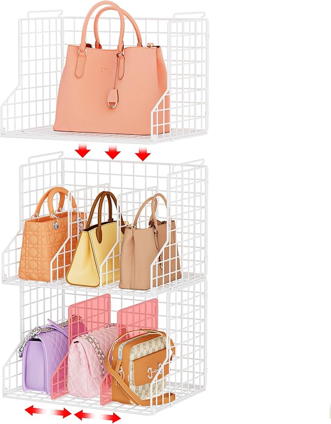Sonyabecca Purse Storage Organizer for Closet : Adjustable 3-Pack Dividers Handbag Organizer - Stackable Wire Handbags Storag