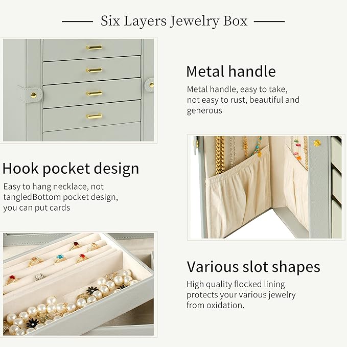 AKOZLIN Large Jewelry Box Organizer Functional with Big Mirror, Leather Jewelry Storage Case for Women Girls Ring Necklace Ea