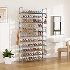 LANTEFUL 11 Tiers Tall Shoe Rack Holds 55 Pairs of Shoes with 18pcs Hooks Sturdy Wide Shoe Organizer Storage Free Standing Me
