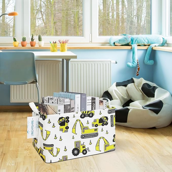 LANGYASHAN Rectangular Storage Bin Collapse Canvas Fabric Cartoon Storage Basket with Handles for Organizing Home Kitchen Boy