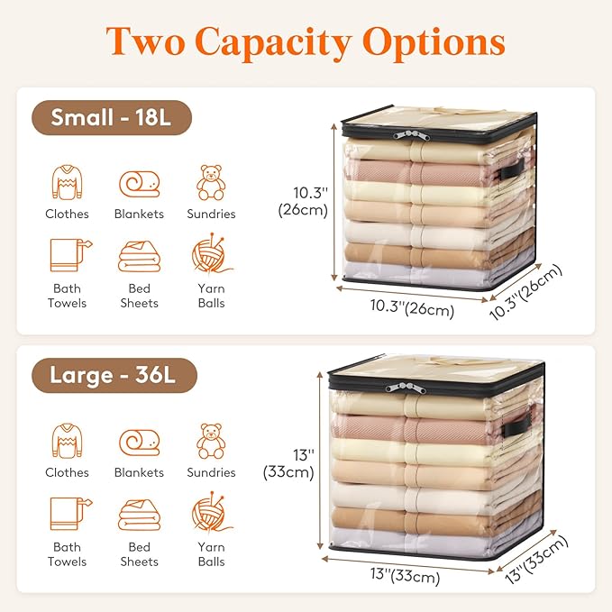 Lifewit 6 Pack Clear Clothes Storage Bags, 13 Inch Clear Cube Storage Bins, 36L Vinyl Foldable Moving Bags with Zipper, Stora