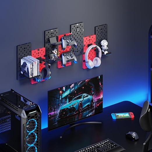 PEGZONE Controller and Headphone Holder Wall Mount, Modular Gaming Pegboard with Accessories, Controller Stand for Xbox PS5 P