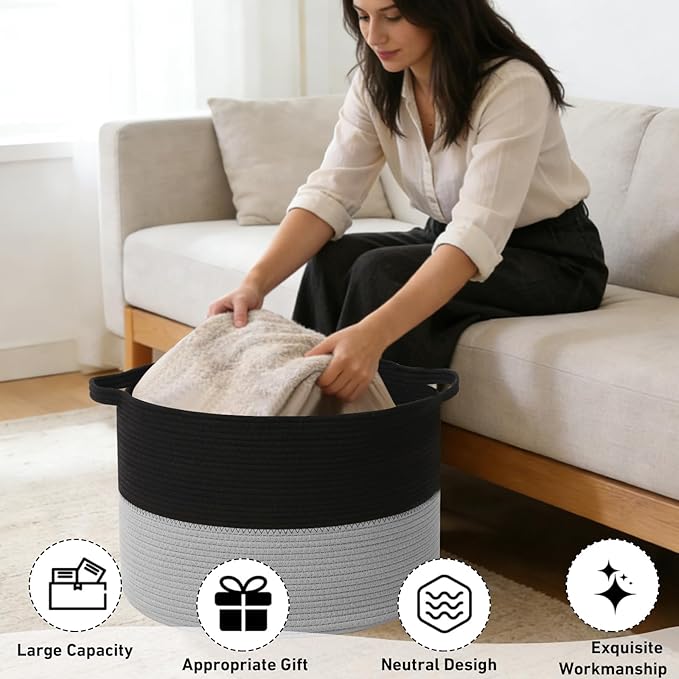 115L Large Blanket Basket,23.6"L x 23.6"W x 15.7"H Rope Woven Baskets with Handles, Toys Storage Bins,Laundry Basket Perfect 