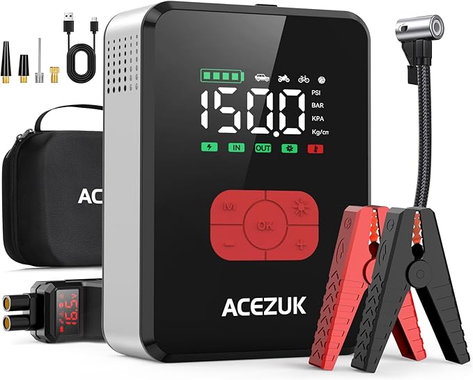 Jump Starter with Air Compressor, 8000A 150PSI Portable Car Jump Starter, 12V Jump Start Pack (All Gas/12L Diesel),Portable