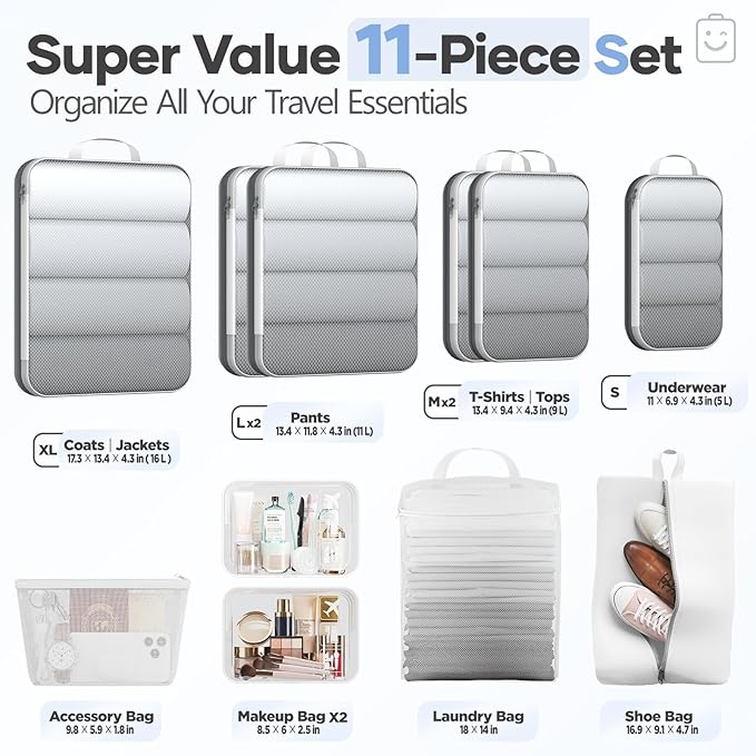 Veken 11 Set Compression Packing Cubes for Travel Essentials,Compressible Expandable Large Luggage Suitcase Organizer Bags fo