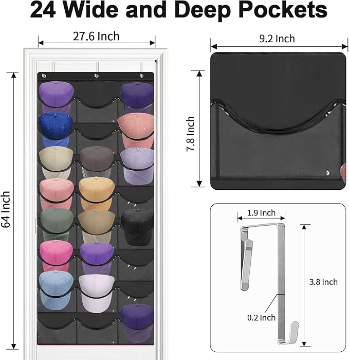 BiCINE Hat Rack for Baseball Caps, 24 Pocket Over the Door Hat Organizer with 3 Hooks, Hat Holder for Door with Large Clear P