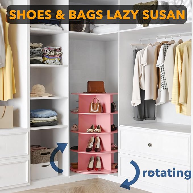 SpaceAid 4 Tier Rotating Shoe Rack Tower, Spinning Shoe Display Lazy Susan, Revolving 360 Shoe Rack Storage Round Carousel, V
