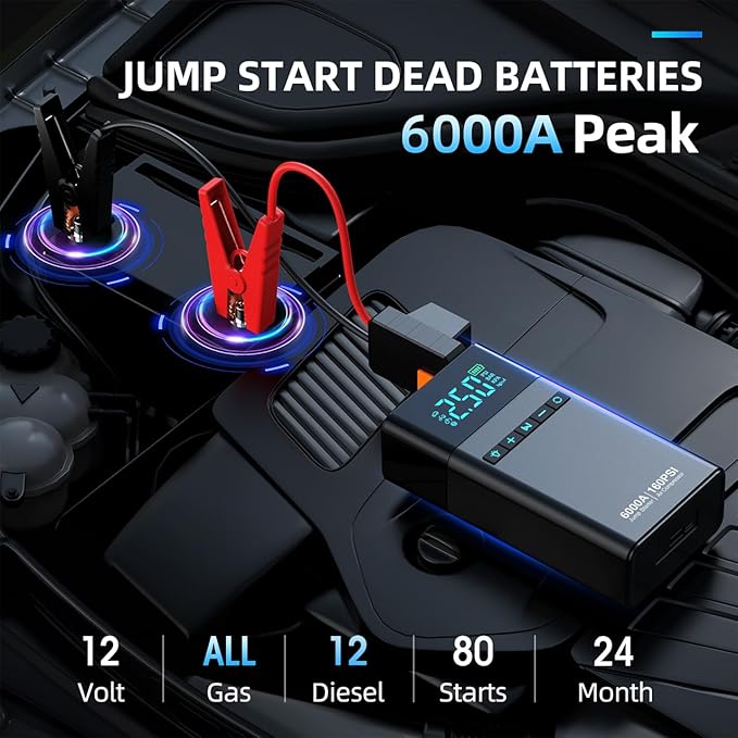 10-in-1 Portable Car Battery Jump Starter with Air Compressor, 6000A 160PSI Portable Car Jumper Starter (All Gas 12L