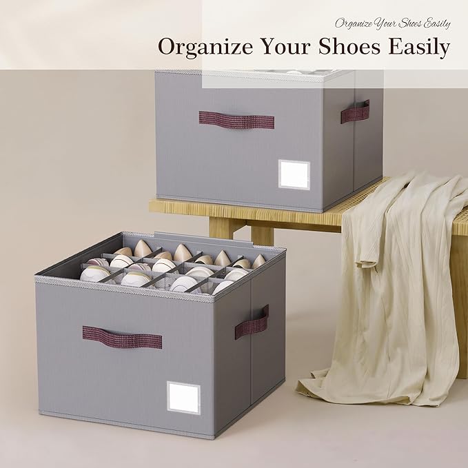 Criusia Shoe Organizer for Closet, 3 Pack Shoe Organizer with Transparent Cover and Sturdy Handles, Closet Shoe Storage for S
