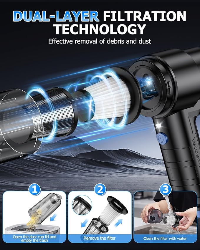AHNR Handheld Car Vacuum Cleaner Cordless with 16000PA Powerful Suction, 4-in-1 Portable Mini Vacuum Cleaner & Air Duster wit