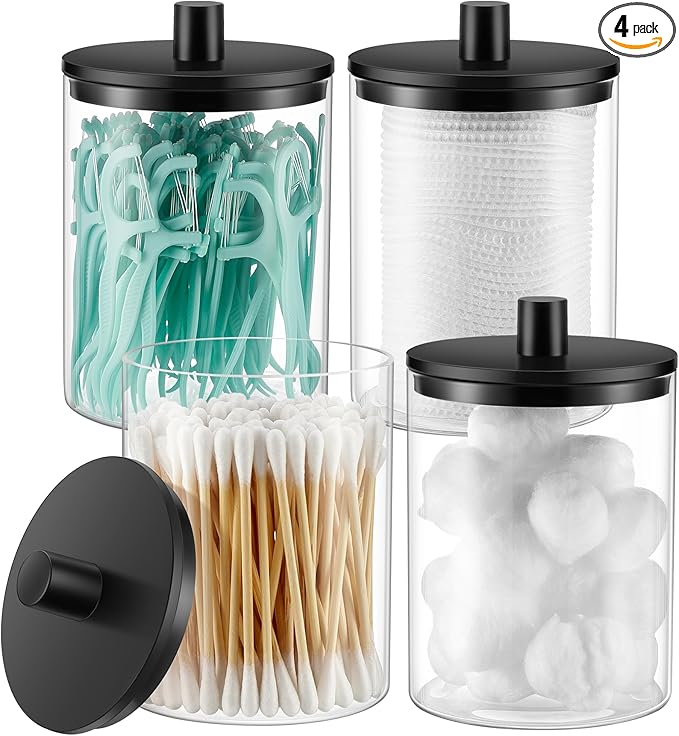 TIPGO Glass Qtip Holder Dispenser - 10 oz Clear Canister Apothecary Jar, Bathroom Vanity Storage Organizer Set for Cotton Swa