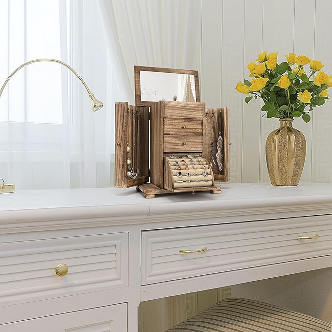 Emfogo Jewelry Box for Women, Rustic Wooden Jewelry Boxes & Organizers with Mirror, 4 Layer Jewelry Organizer Box Display for