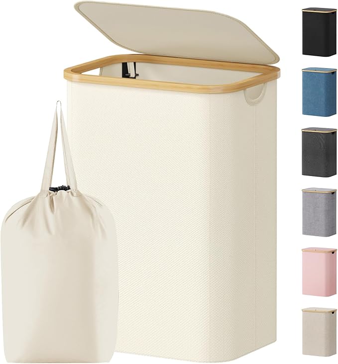 Lifewit 80L Laundry Basket with Lid, Clothes Hampers for Laundry with Bamboo Handles and 1 Removable Bag, Large Foldable Laun