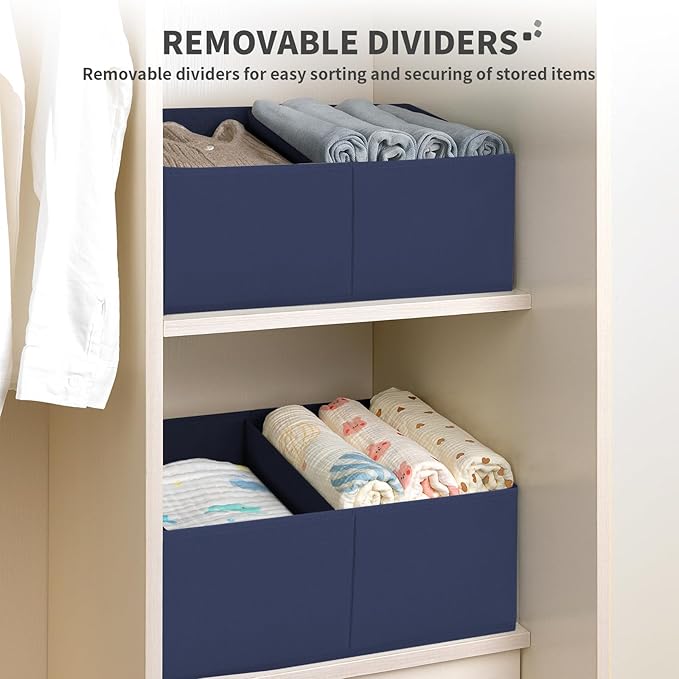 DIMJ Large Closet Shelf Organizer Bins 4 Packs with Handles and Divider, Fabric Trapezoid Storage Baskets, Foldable Clothes C