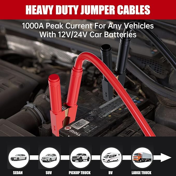 0 Gauge 30 FT Heavy Duty Jumper Cables for Car Battery, 1000Amp Quick Connect Booster Cables for Jump Starting Dead or Weak Batteries, Suitable for 8L Gas & 6L Diesel, Carrying Bag Included