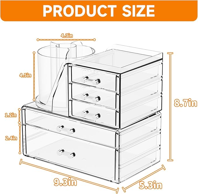 Clear Acrylic Makeup Organizers for Vanity,Countertop,3 Pack Make up Drawer Organizer With Makeup Brush Holder,Plastic Skinca