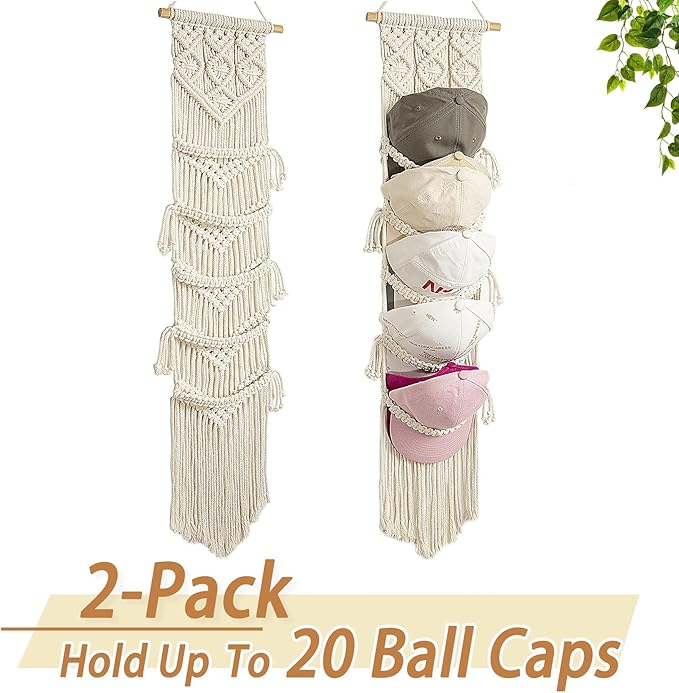 jontell Ball Cap Hanger-2 Pack-Boho Macrame Cap Holder Wall Hat Organizer for Baseball Cap Holder Over Door, Hat Rack for Wal