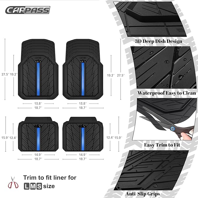 CAR PASS Metal Medium Rubber Floor Mats for Car Heavy Duty Car Mats All Weather, Universal Trim to Fit for Truck SUV Vehicle Automotive Floor Mats, Waterproof Car Mats 4 Piece Black Bule