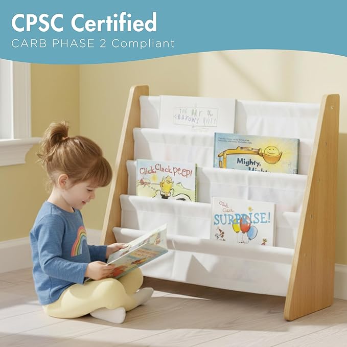 Humble Crew 4-Tier Kids Bookshelf, Natural Wood/White - Premium Book Shelf for Kids Rooms with Four Deep Pockets - Toddler Sl