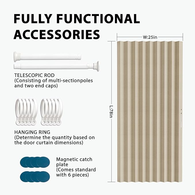 Jilron Accordion Door Curtain Set - 100% Blackout, with Curtain Rod Included, for Bedroom Privacy Protection (Beige-43 W x 78