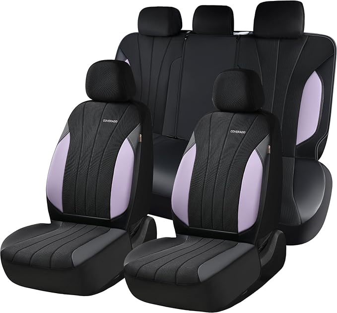 Coverado Car Seat Covers Full Set, Automotive Seat Covers 5-piece, Leather Car Protectors 5 Seats, Purple Auto Seat Covers Sp
