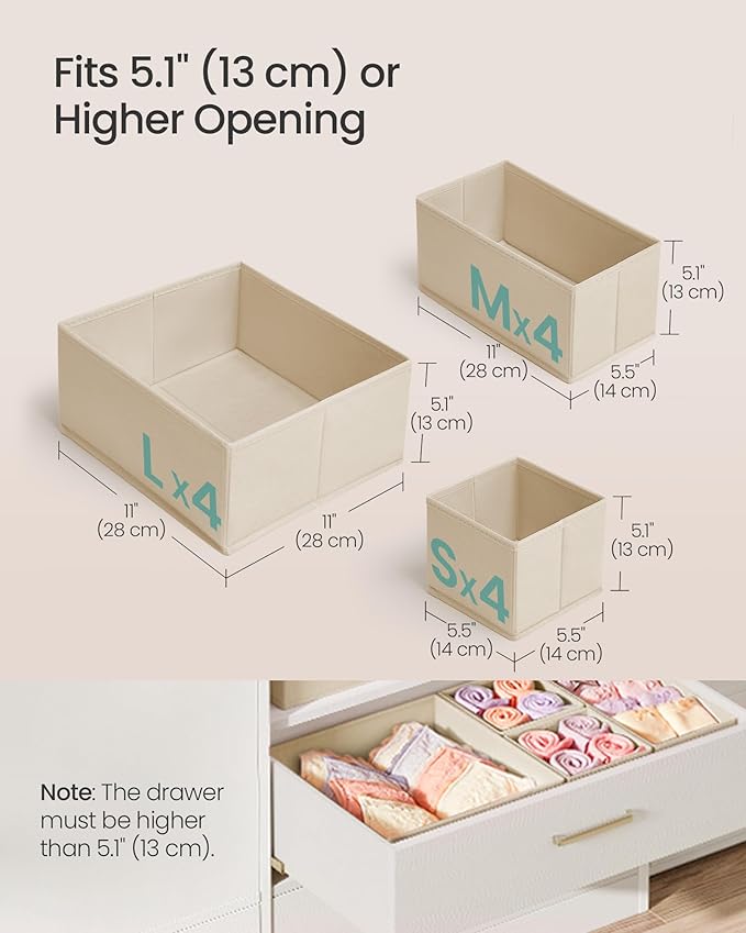 SONGMICS Drawer Organizers, Dresser Divider Organizers, Set of 12, Foldable Fabric Storage Boxes for Socks, Underwear, Bras, 
