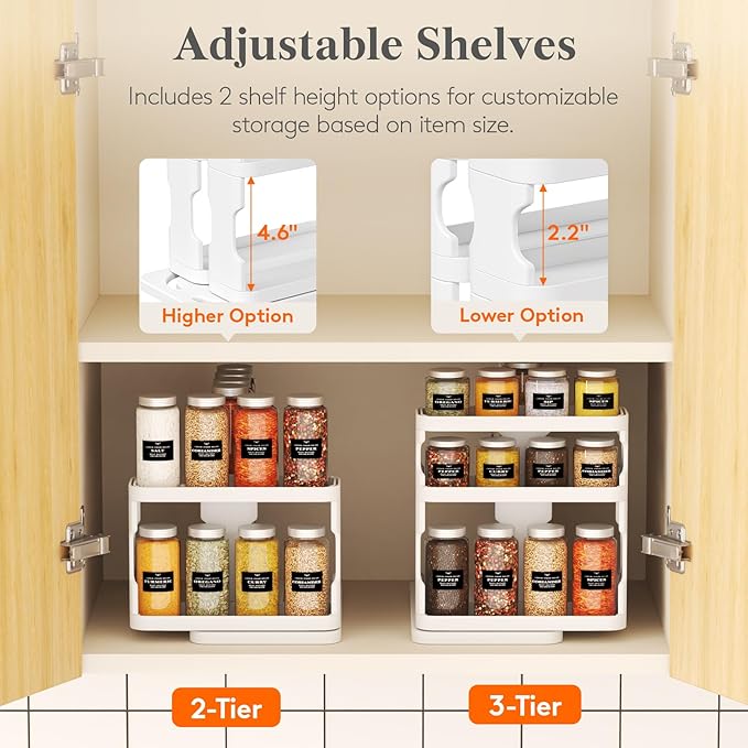 Lifewit Sliding Spice Rack for Cabinets, 6.4"H x 11.1"D x 6.1"W Slide Out Swive Cupboard Spice Organizer with Non-Slip Mat, A