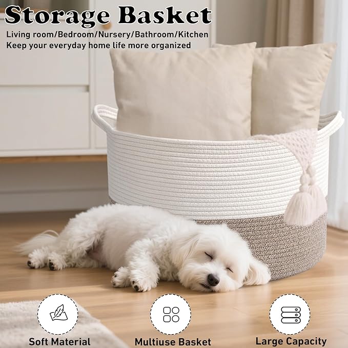 65L Large Woven Cotton Rope Blanket Basket with Handles, Laundry Hamper Storage Bin for Pillows, Clothes, Bedroom and Living 