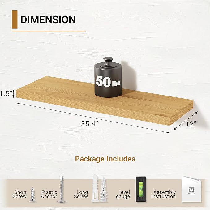 Vivelove 12 Inch Deep Floating Shelves 35.4 inch Long, Thick Wall Shelves with Invisible Brackets, for Bedroom Bathroom Livin