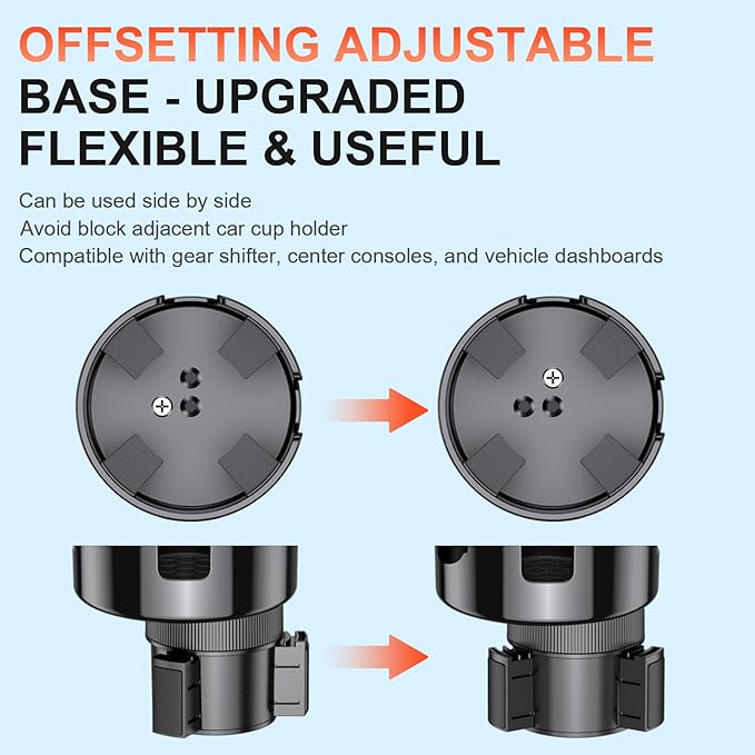 2-in-1 Car Cup Holder Expander, Upgraded Cup Adapter for Car with Offset Option,Phone Holder - Adjustable Base,Versatile Car 