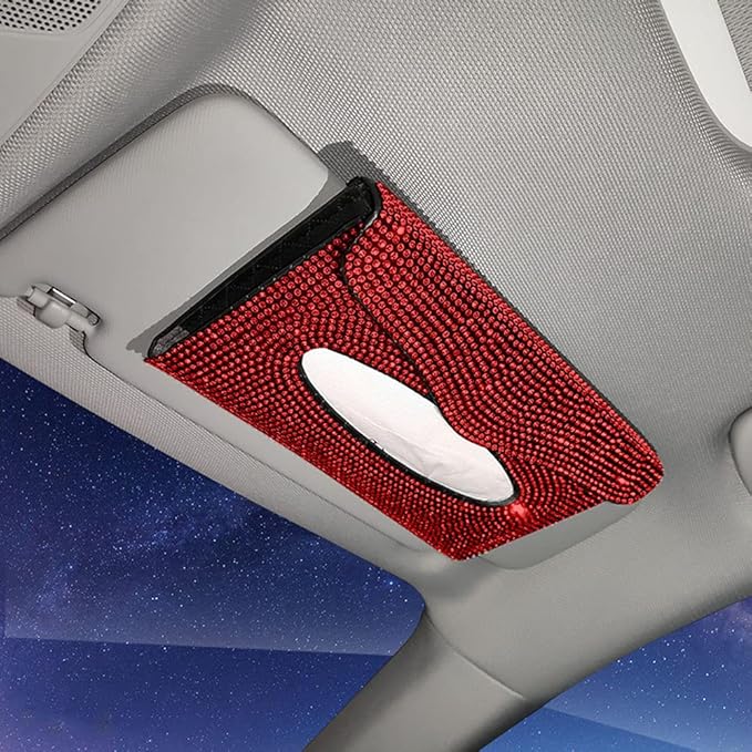 Bling Car Sun Visor Tissue Box Holder Pure Hand-Made Sparkling Crystal Auto Napkin Holder PU Leather Backseat Tissue Case for Women (Red)