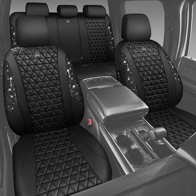 CAR PASS Bling Diamond Black Leather Car Seat Covers Full Sets Interior Sets, Waterproof Shining Glitter Sparkly Crystal Univ