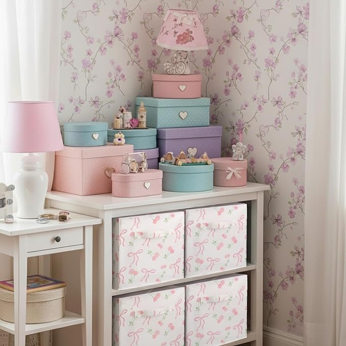 Geelin 6 Pcs Pink Bow Cherry Cube Storage Bins 11 Inch Storage Basket with Handle, Preppy Girls Organizer Basket, Collapsible