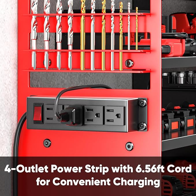 POKIPO Large Power Tool Organizer Wall Mount with Charging Station,4 Layer Heavy Duty Metal Tool Storage Shelf Loads 600lbs,B