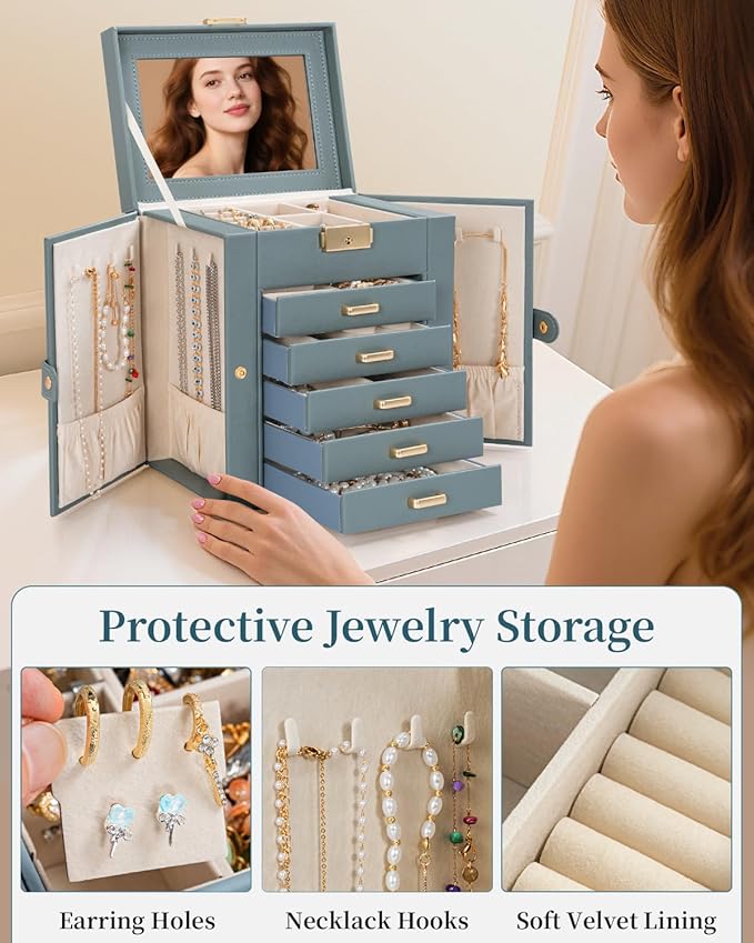TORIBIO Large Jewelry Box for Women, Leather Jewelry Organizer with Mirror & Lock, 6-Tier Jewelry Storage Case for Girls/Wome