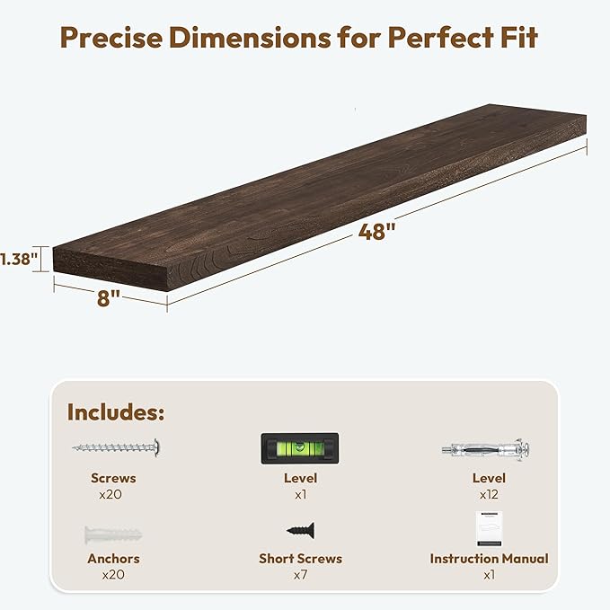Vivelove Elm Wood Floating Shelves, Wooden Shelves for Wall with Invisible Bracket for Living Room Bedroom Bathroom Office Bo