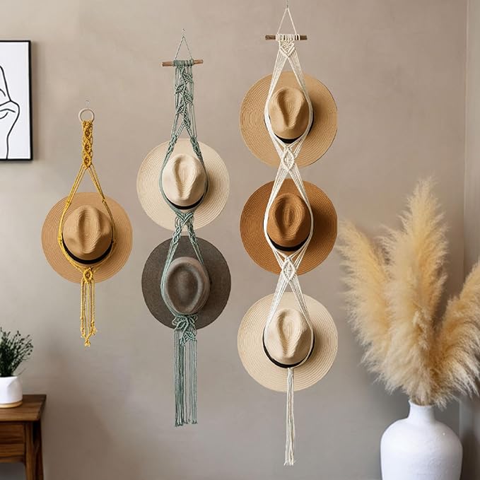 Bohemian Hat Rack Hat Hanger, Macrame Hat Organizer for Wall Hanging, Handmade Hat Holder, Hat Storage for Wide-Brim Hats, Bo
