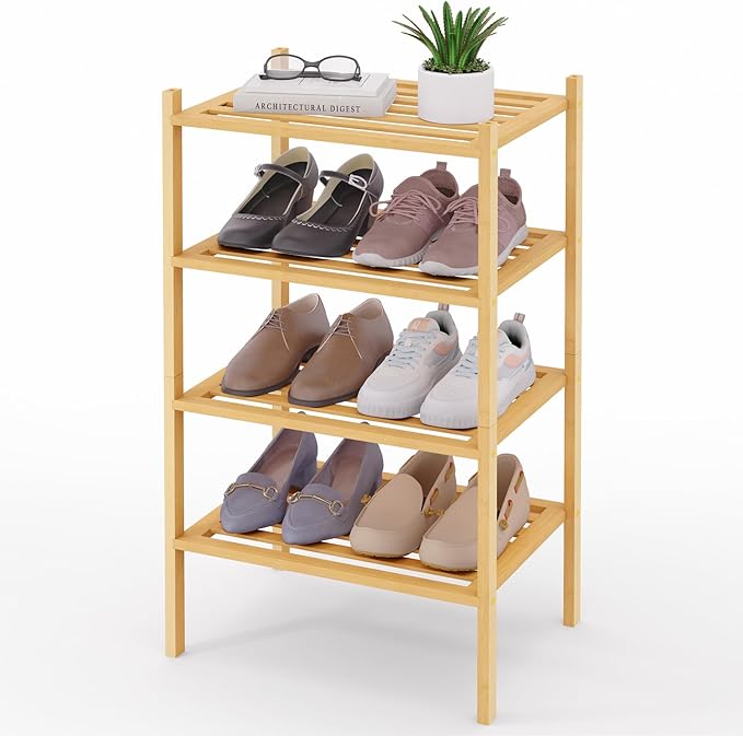 Smiry Small Bamboo Shoe Rack 4-Tier, Stackable Wooden Shoe Organizer for Entryway & Closet, Free Standing Wood Shoe Storage S