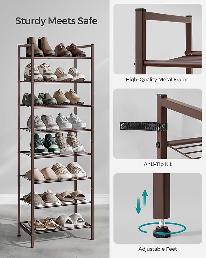 SONGMICS Narrow Shoe Rack - Sturdy 8 Tier Metal Tall Shoe Rack Shelf, Slim Shoe Storage Organizer for Closet Entryway Small S