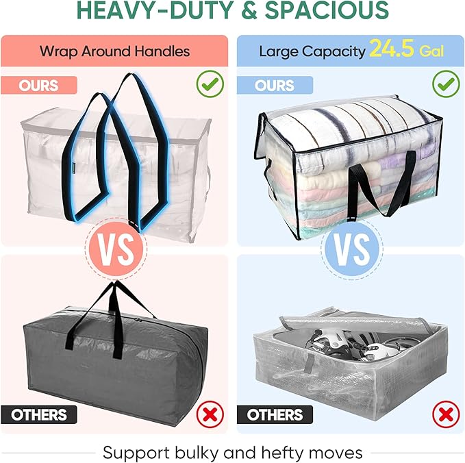 BALEINE 8-Pack Oversized Moving Bags with Reinforced Handles, Heavy-Duty Storage Tote for Clothes, Moving Supplies (Clear, 8-