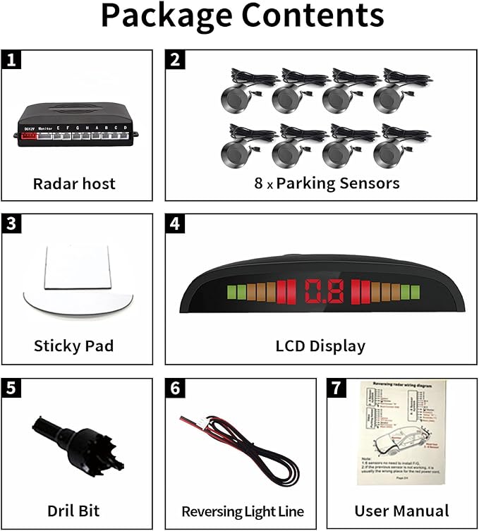 Car Auto Reverse Parking Sensor System with 8 Parking Sensors Distance Detection + LED Distance Display + Sound Warning (Gray Color)