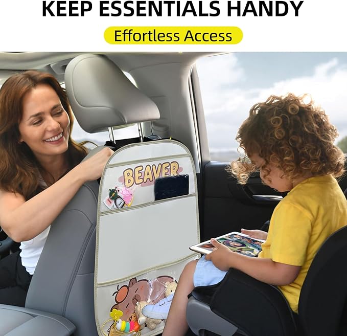 kids Leather Car Backseat Organizer with Foldable Table Tray, Car Storage Organizer with Tablet Holder, Car Seat Back Protectors Kick Mats, Travel Accessories (Capybara)