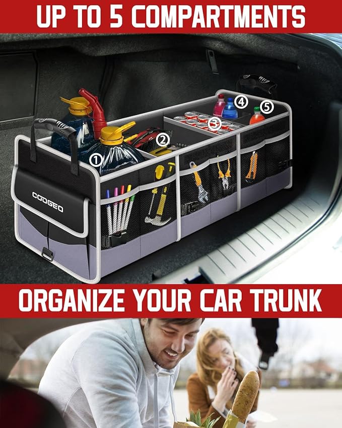 Car Trunk Organizer with Portable Leak Proof Cooler Bag, 3 Compartments Collapsible Car Organizers and Storage with Foldable C