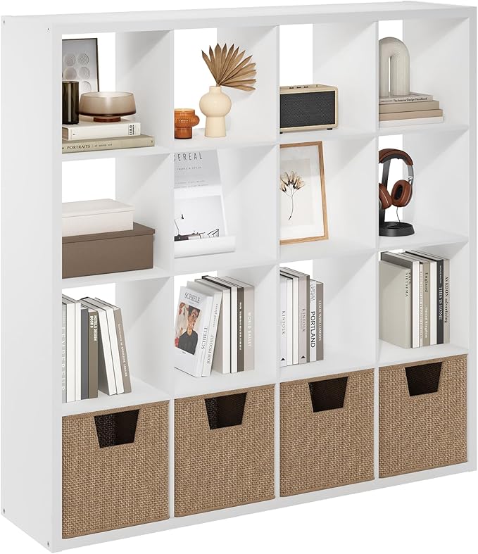 Furinno Cubicle Book Shelf, 16-Cube Bookshelf, Extra Thick Frame Reversible Bookcase with Open Back, 14.6" x 58" x 58", for L