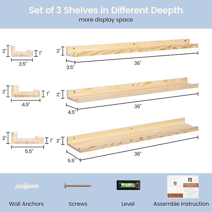 Picture Ledge Shelf for Wall, 36 inches Solid Pine Wood Nursery Book Shelves 3 Packs, Floating Ledge Shelves for Kids' Room B