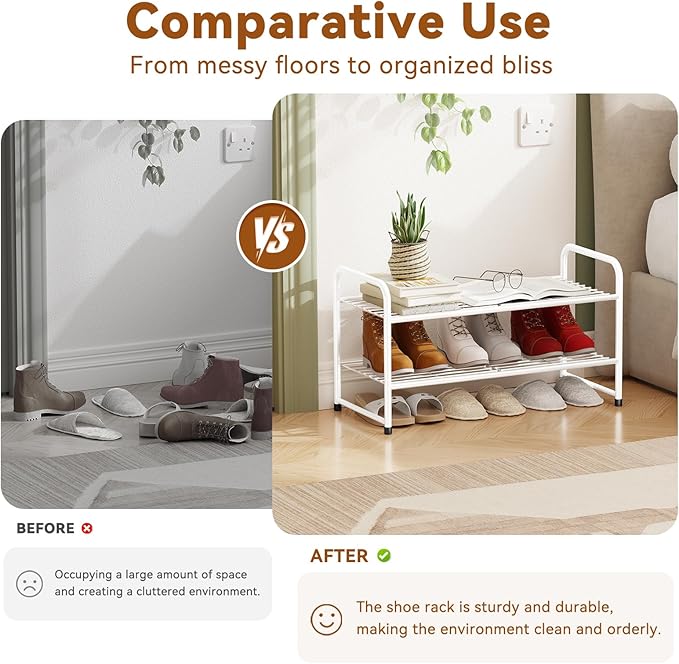 Shoe Rack 2 Tier, Closet Shoe Organizer Shelf Stackble, Heavy Duty Metal, White