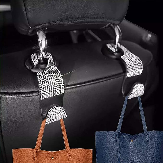 Bling Rear View Mirror Accessories with 2 PCS Car Seat Hooks for Headrest, Universal Bling Diamond Rear View Mirror Cover for Women ＆ Girls
